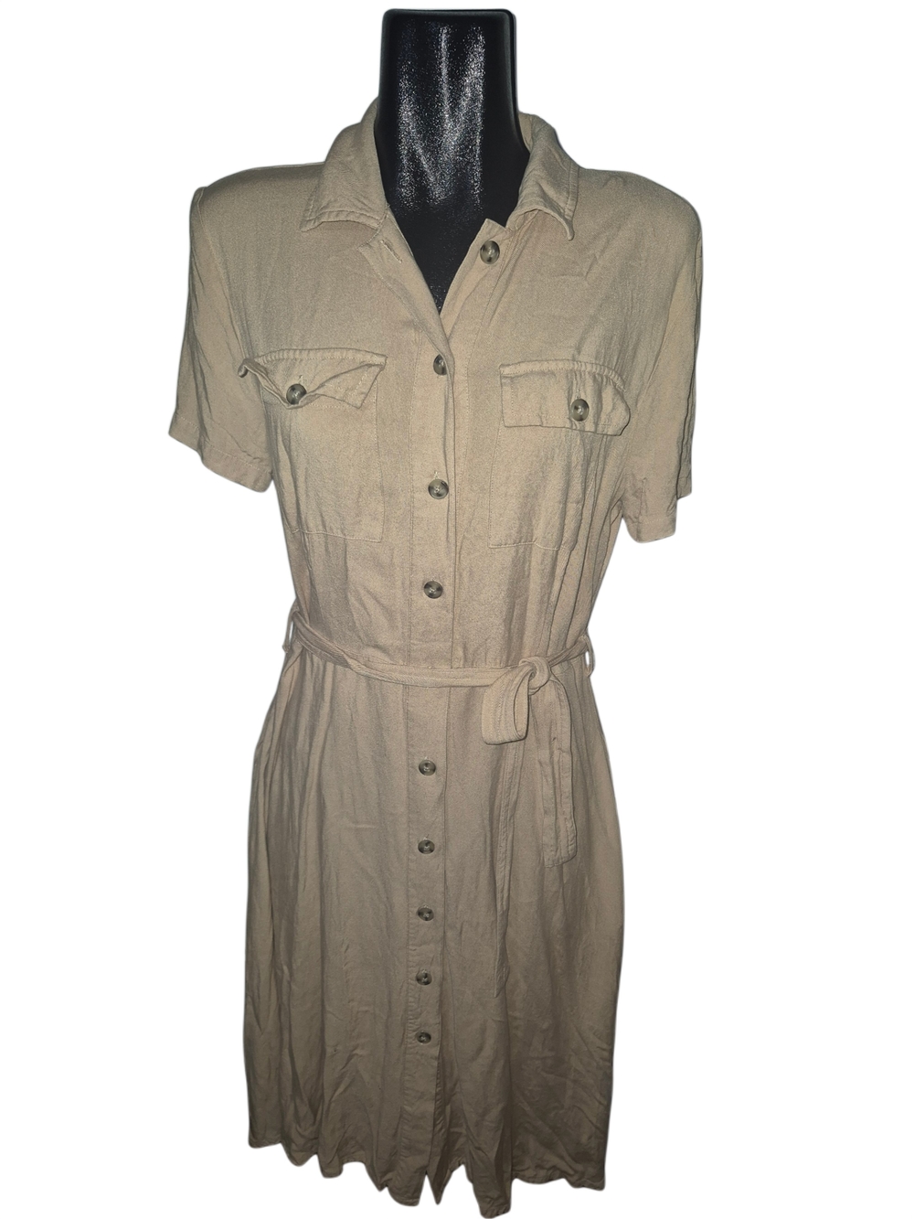 Tan Button-Front Short Sleeve Shirt Dress with Belted Tie Waist Size L